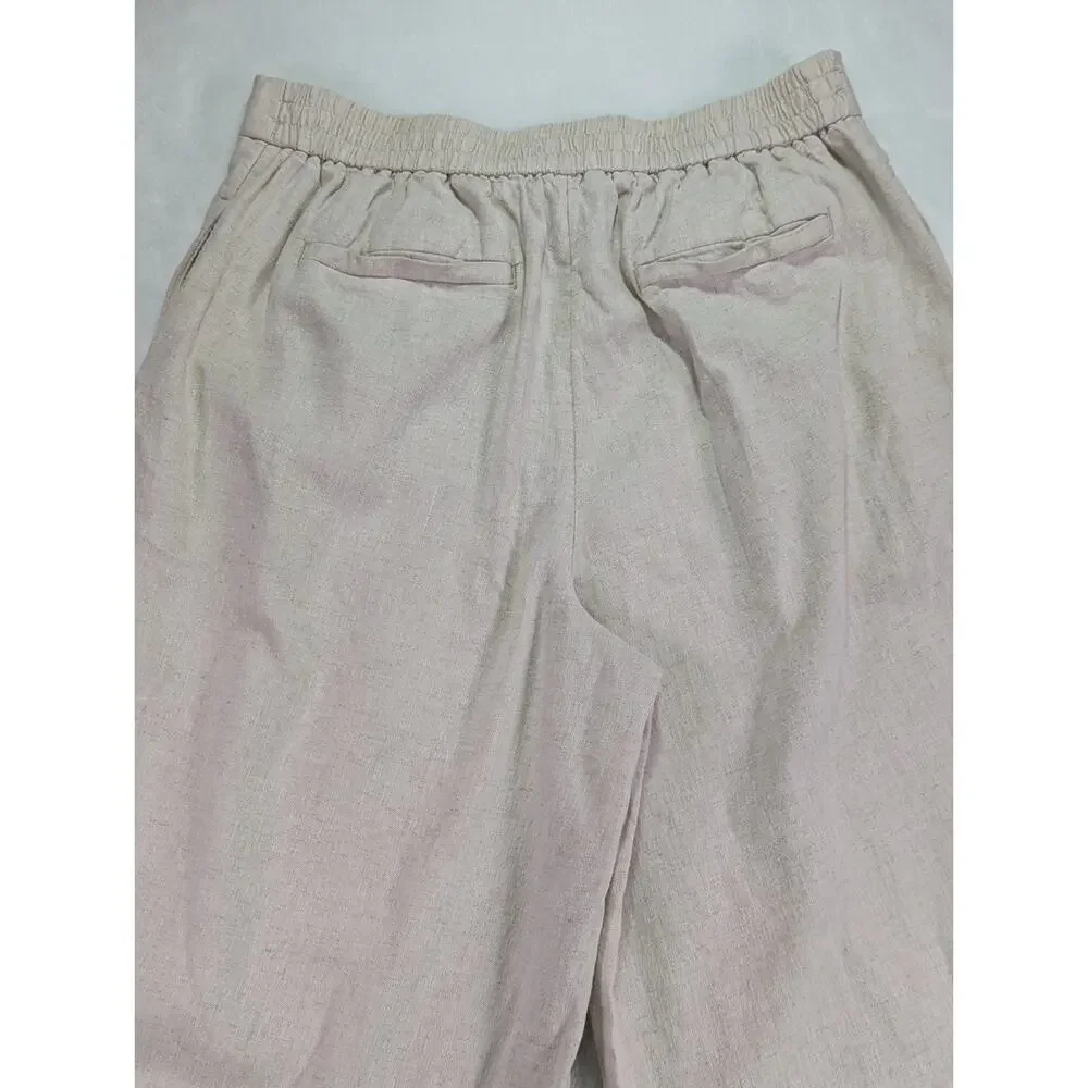 Banana Republic Womens Small Beige Linen Blend Wide Leg Cropped Elastic Pants